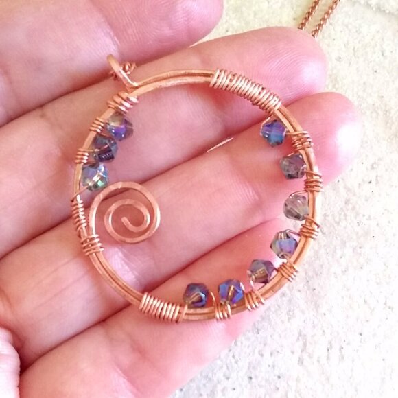 Handmade & Wire Wrapped! Bohemian Crystal Studded Copper Circle Pendant + Chain! - Picture 4 of 10